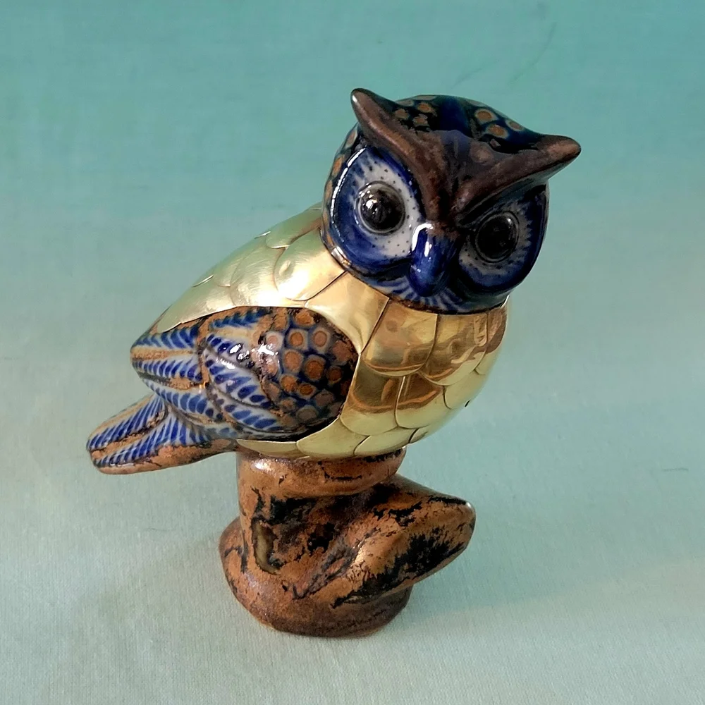 Vintage,Brass, and Ceramic Figurine Blue and Gold Owl Figurine